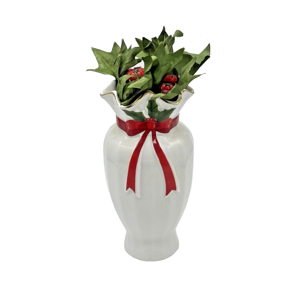 Vintage 1986 Mount Clemens Pottery Ribbon & Holly Christmas Vase Red Bow Decor